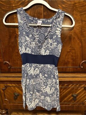 Vintage Navy & White Floral V-Neck Sleeveless Short Dress
